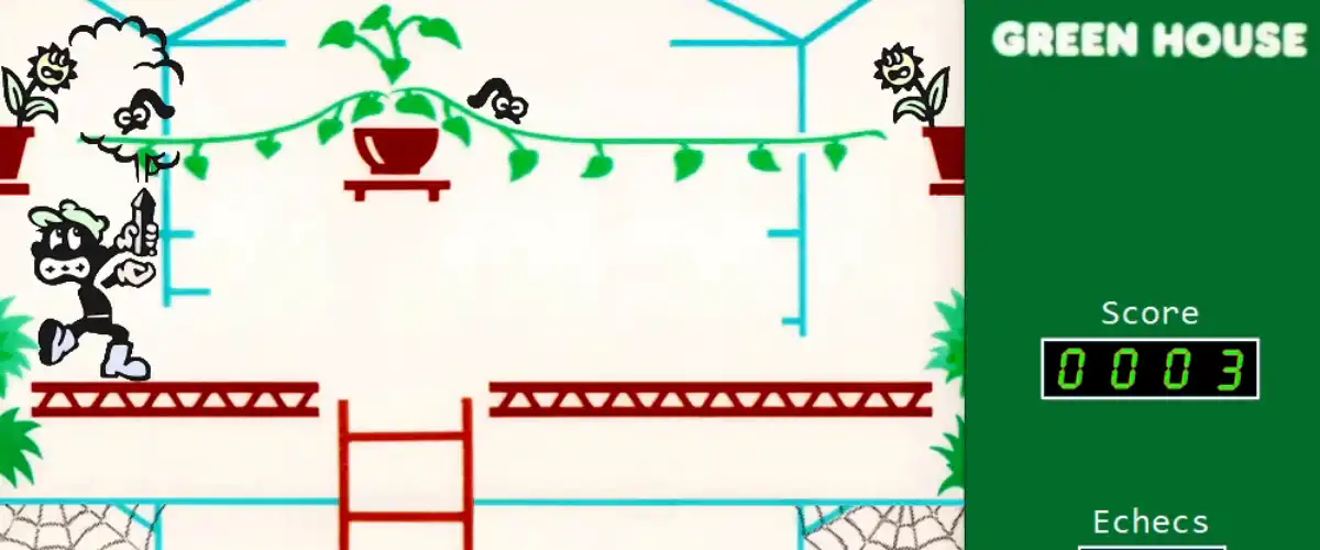 A preview of the Green House game showing the character, Stanley, killing a bug with an insecticide.