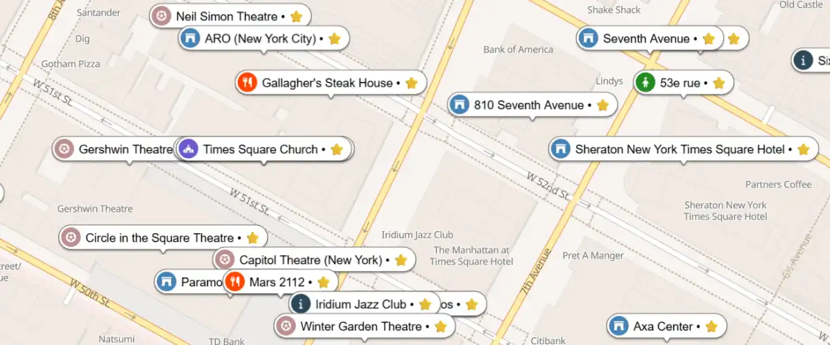 A preview of several points of interest drawn on the map of the SityTrip website.