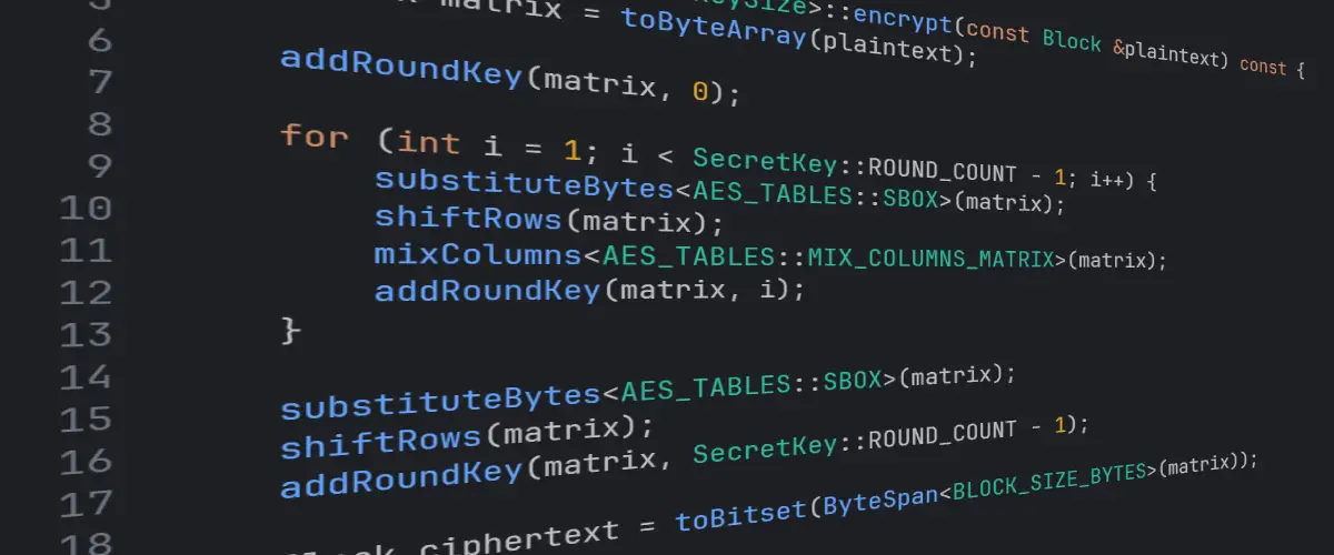 A preview of the cryptographic library's code showing part of the AES implementation