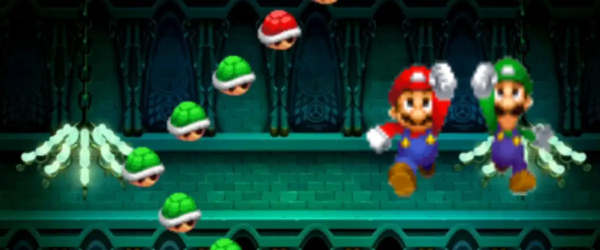 A preview of The Mario & Luigi game showing shells falling on the left-hand side and Mario and Luigi in big on the right-hand side