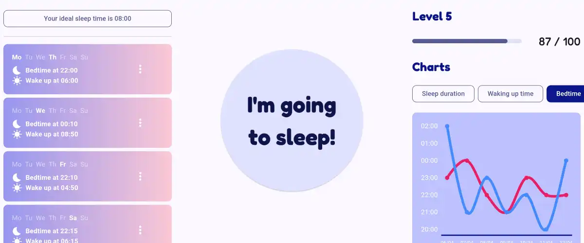 A preview of the mobile application to improve sleep habits showing the three main screens. From left to right: The screen to set their sleep schedule, the screen to go to sleep and the profile and statistics screen.